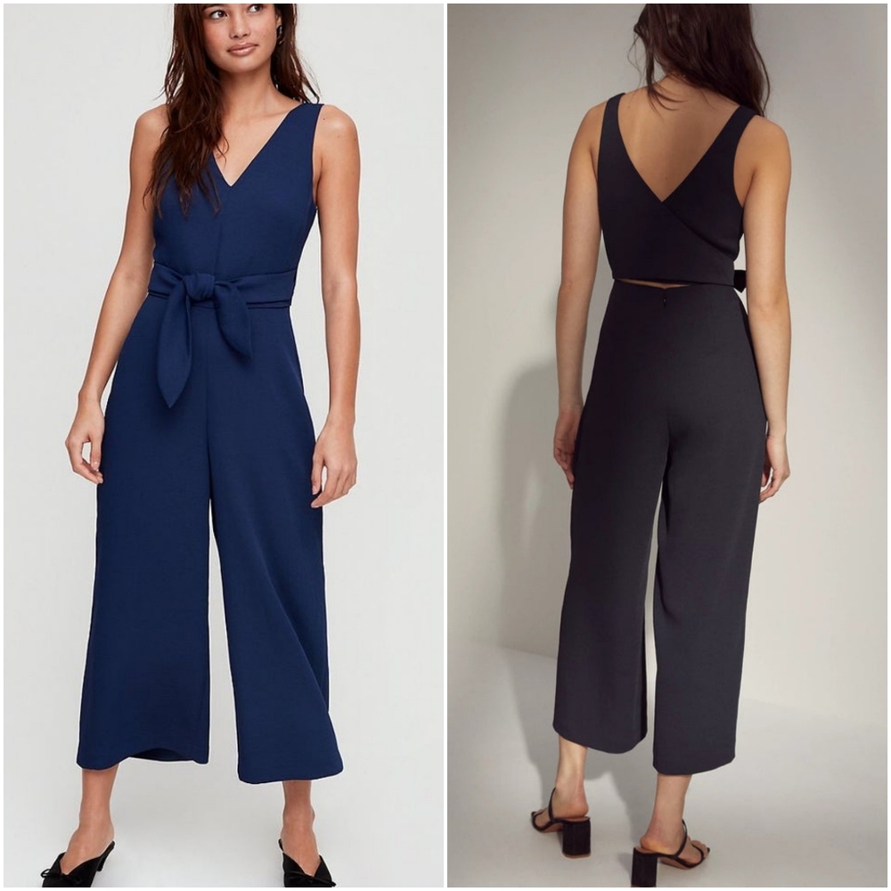 ARITZIA Wilfred écoulement V-Neck Jumpsuit Back Cut-out Self-Tie Waist Sz 2 Navy